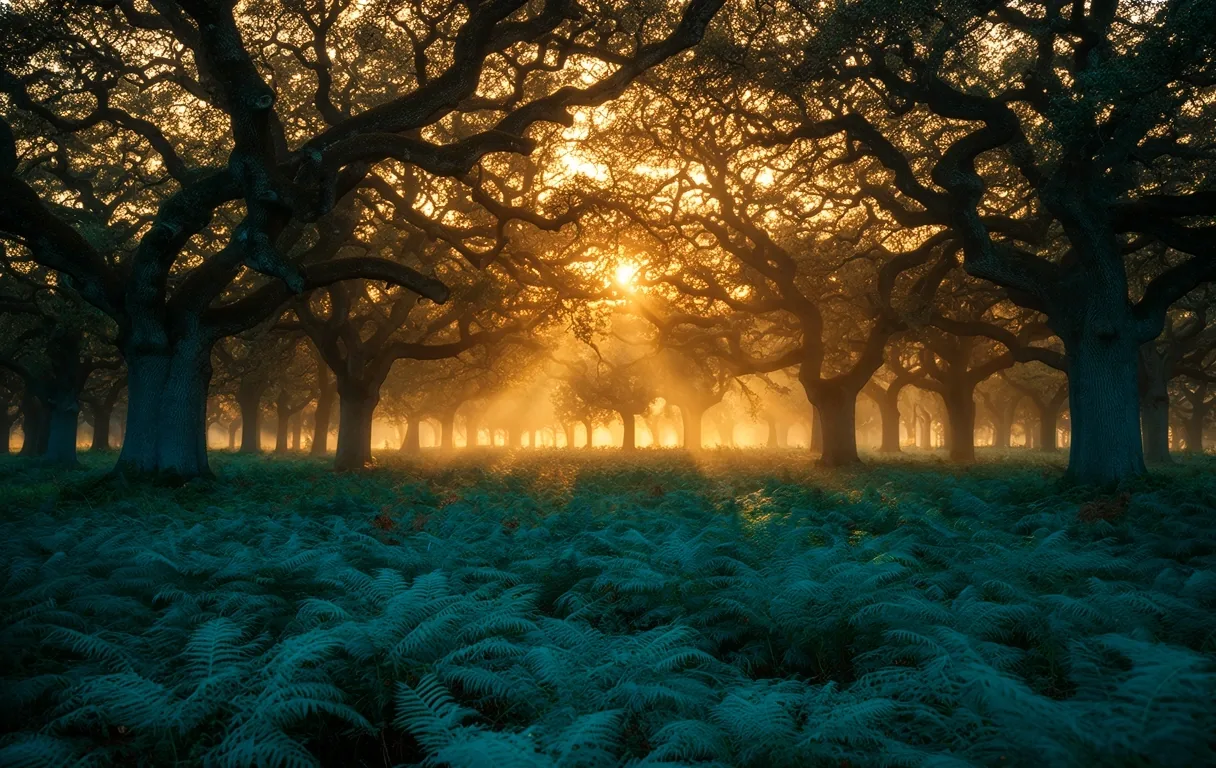 Bosque de robles al amanecer en España